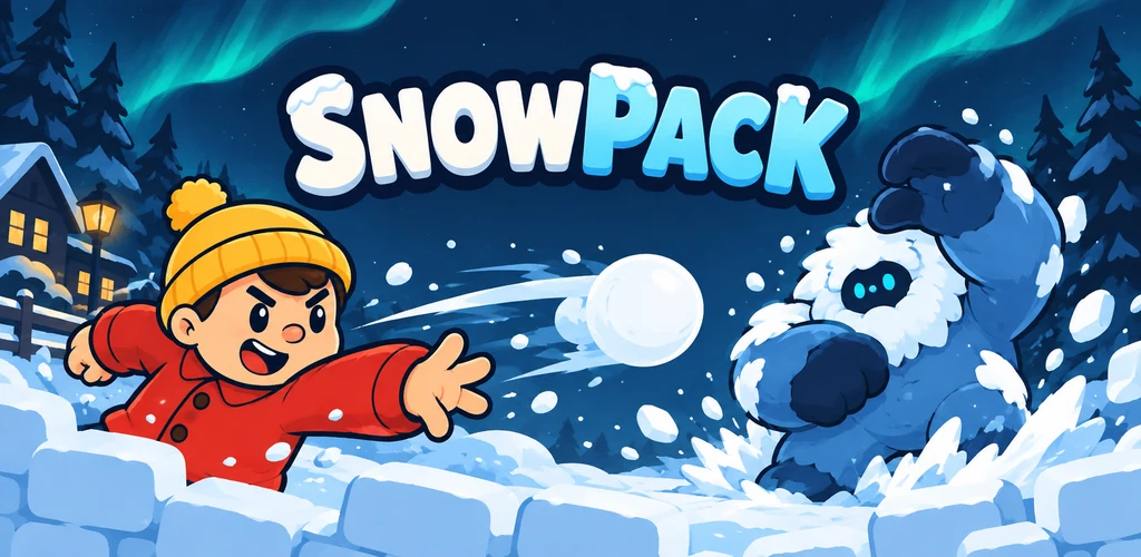 Snowpack: a kid in a red coat throws a snowball at a yeti over a snow wall.
