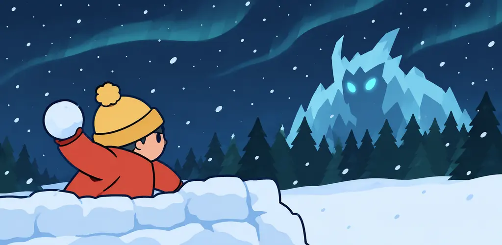 A kid winds up a snowball behind a snow wall while an ice giant watches from the mountain.