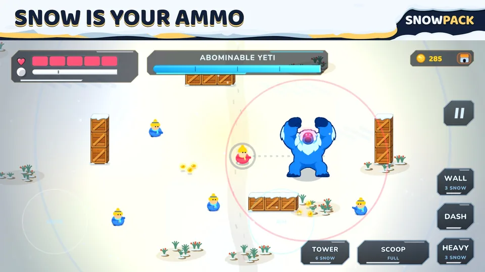 A snowball battle against the Yeti with enemies on the field.