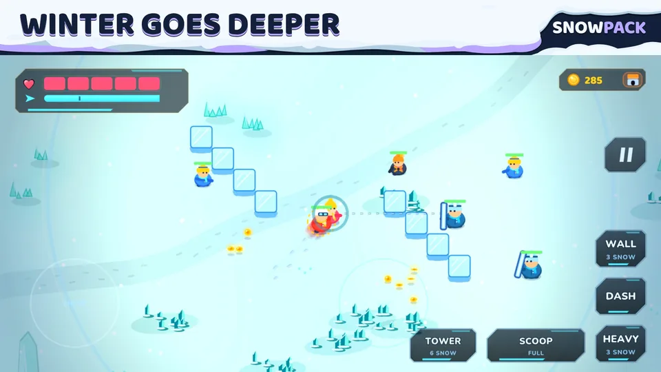 Combat in the ice caves with crystals, shielded enemies and an ice weapon.