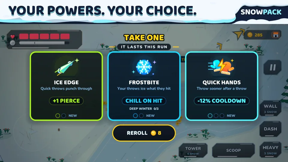 Three upgrade cards to choose from between combat waves.