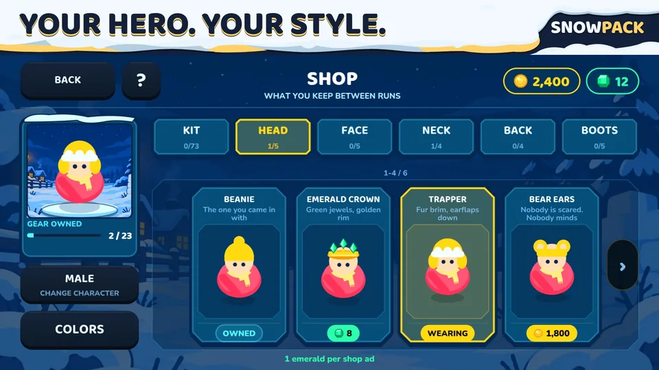The wardrobe with a character preview and equippable accessories.